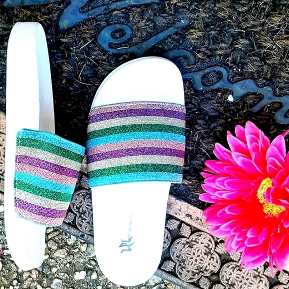 GLITTER Stripe Slides Sandals SPRING ARRIVALS! - Picture 9 of 9